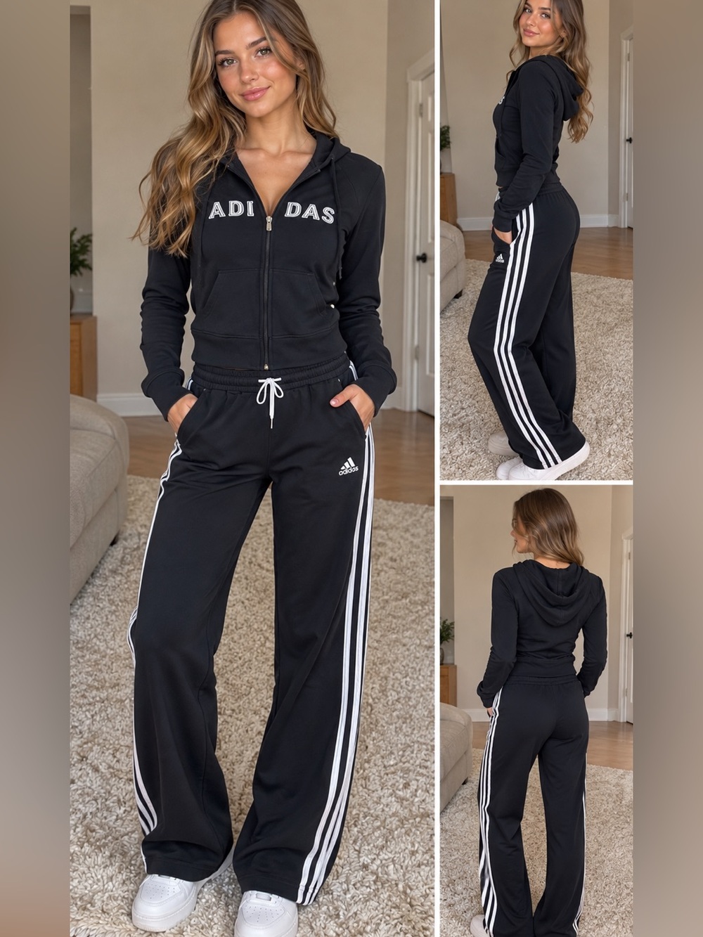 adidas Black Track Pants with White Three-Stripe Detail